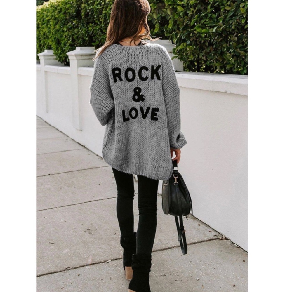 Gray Open Front Cardigan With Graphic Print - Picture 3 of 4
